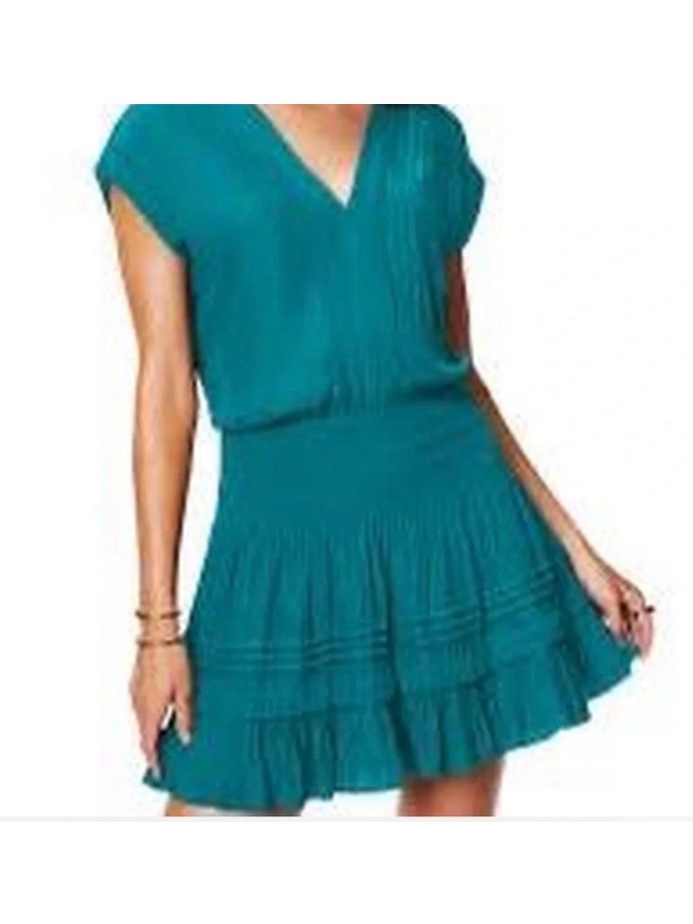 Ramy Brook Teal V-Neck Short Sleeve Tiered Ruffle Mini Dress